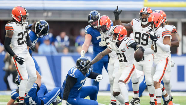 Oct 22, 2023; Indianapolis, Indiana, USA; Cleveland Browns cornerback Denzel Ward (21) celebrates after an interception during a game against the Indianapolis Colts at Lucas Oil Stadium.